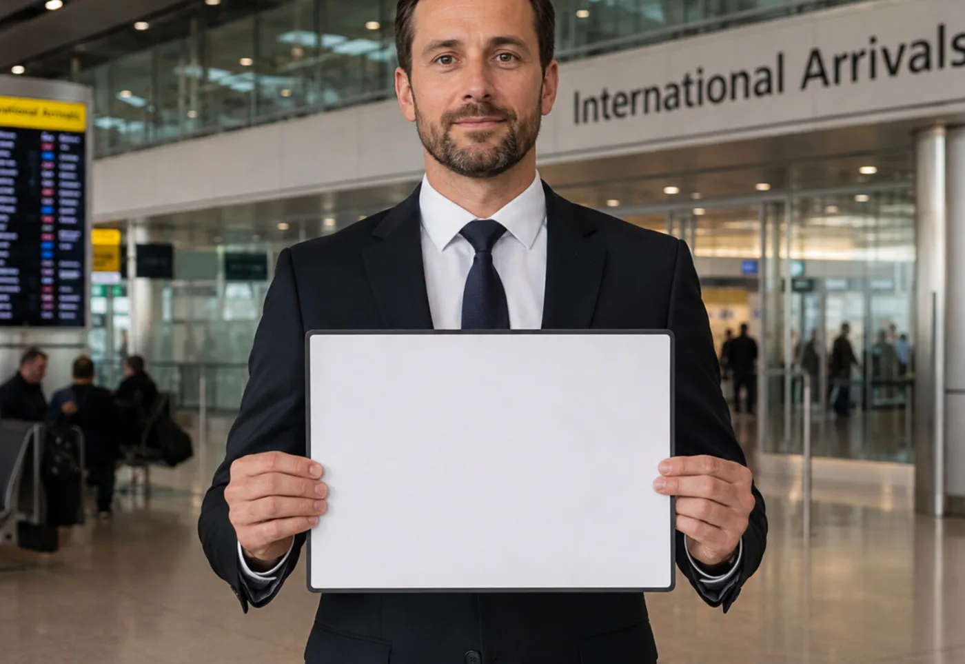 A chauffeur in a dark suit waiting in the arrivals hall with a name board